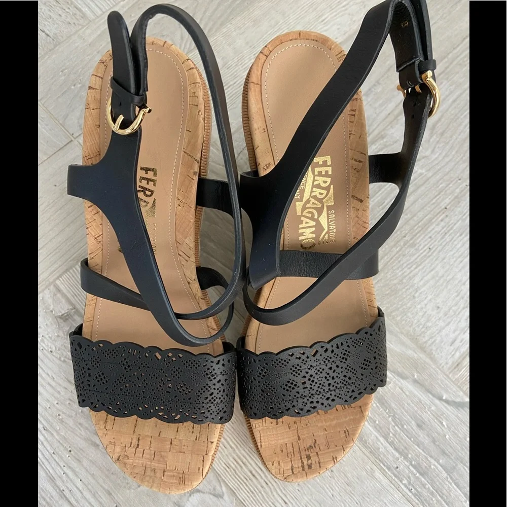 Salvatore Ferragamo Black Cork Wedge Sandals